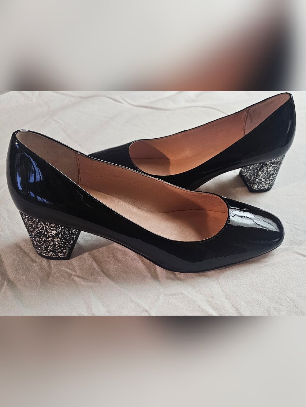 Kate Spade New York Dolores Patent Leather Pumps with Glitter Block Heels